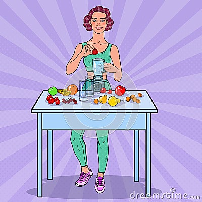 Pop Art Young Woman Making Smoothie with Fresh Fruits. Healthy Eating Vector Illustration