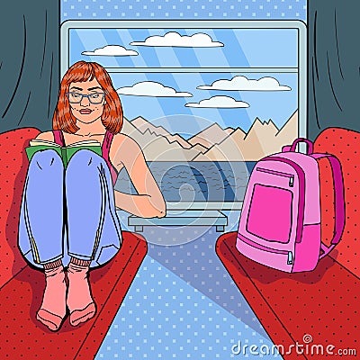 Pop Art Young Woman Reading Book in Train. Time to Travel Vector Illustration