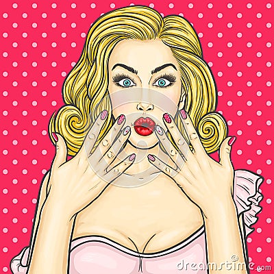 Pop art young woman shows her manicure Cartoon Illustration