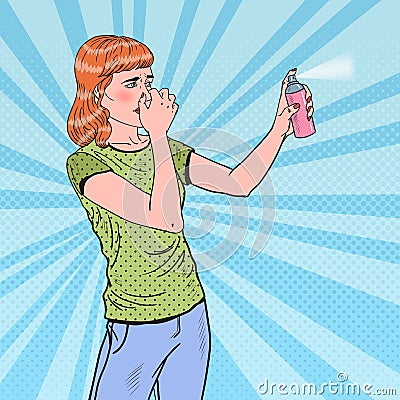 Pop Art Young Woman Spraying Can of Air Freshener Vector Illustration