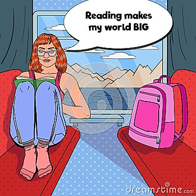 Pop Art Young Woman Travel by Train and Reading Book Vector Illustration