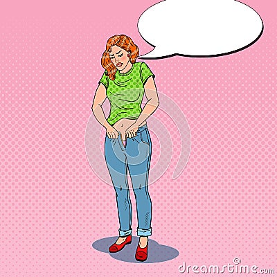 Pop Art Young Woman Trying to Fasten To Small Trousers Vector Illustration