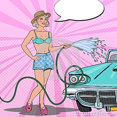 Pop Art Young Woman Washing Classic Car with Hose Vector Illustration