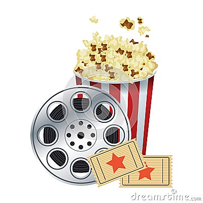 Pop corn bowl with film reel and movie tickets Vector Illustration