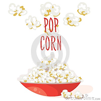 Pop Corn in a red bowl. Flat vector. Popcorn illustration, on white background Vector Illustration