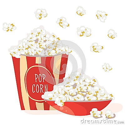 Pop Corn in a red bowl with Pop Corn in a red stripped pack. Vector Illustration