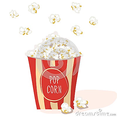 Pop Corn in a red stripped pack. Flat vector. Popcorn illustration, on white background Vector Illustration