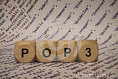 Pop3 - cube with letters and words from the computer, software, internet categories, wooden cubes Stock Photo