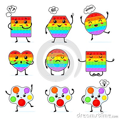 Pop it fidget characters. Poppit fidgets Cute funny sensory toy set, cartoon kawaii game, simple dimple jump, doodle Vector Illustration