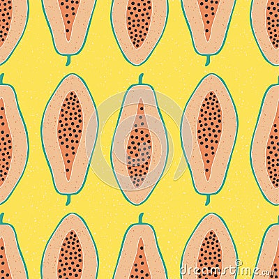 Pop papaya repeat seamless pattern. Yellow background. I Vector Illustration