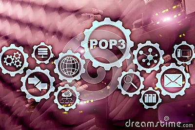 POP3. Post Office Protocol Version 3. Standard internet protocol on datacenter background. Stock Photo