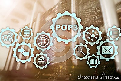 POP3. Post Office Protocol Version 3. Standard internet protocol on datacenter background. Stock Photo