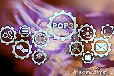 POP3. Post Office Protocol Version 3. Standard internet protocol on datacenter background. Stock Photo