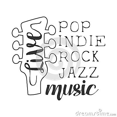 Pop, Rock, Indie, Jazz Live Music Concert Black And White Poster With Calligraphic Text And Guitar Headstock Vector Illustration