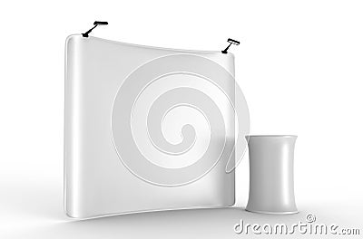 Pop Up Concave Tension Fabric Display with Blank White Skin Backdrop Wall. 3d render illustration. Stock Photo