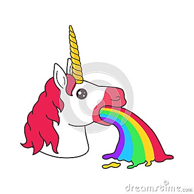 Cute magic fantasy cartoon unicorn head puke rainbow vomit sticker Vector Illustration