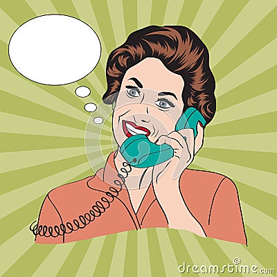 Popart comic retro woman talking by phone Vector Illustration