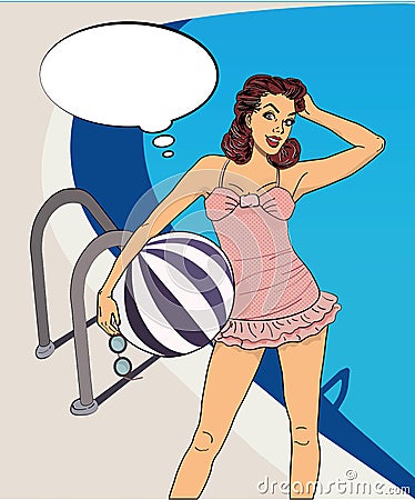 Popart girl with beach ball and swimsuit Vector Illustration