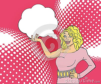 Popart girl blonde with cloud for text Vector Illustration