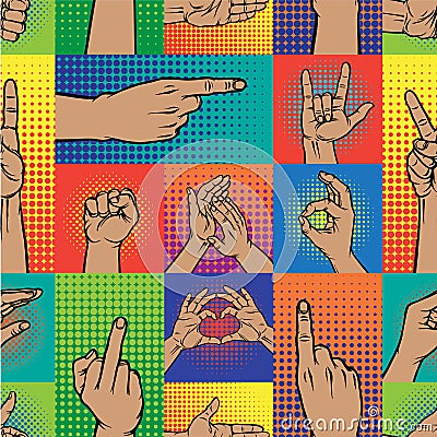 Popart hands fingers vector gesture human symbols hands different pop art handle pose signal illustration seamless Vector Illustration