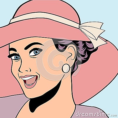 popart retro woman with sun hat in comics style, summer illustration Vector Illustration