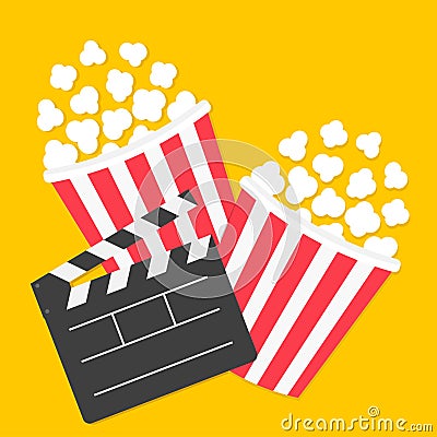 Popcorn. Big open clapper board. Two pop corn box set. Cinema red white lined box icon. Movie night. Fast food. Flat design style Vector Illustration