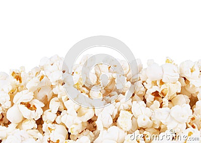 Closeup of tasty popcorn border, isolated on white background Stock Photo