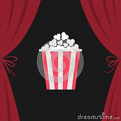 Popcorn box. Open luxury red silk stage theatre curtain. Velvet scarlet curtains with bow. Fast food. Flat design. Movie night cin Vector Illustration