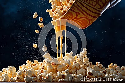 Popcorn bucket being poured with fresh popcorn, with the kernels falling into the container, creating a visually satisfying and Stock Photo