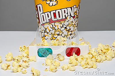 Popcorn bucket and 3d glasses Stock Photo