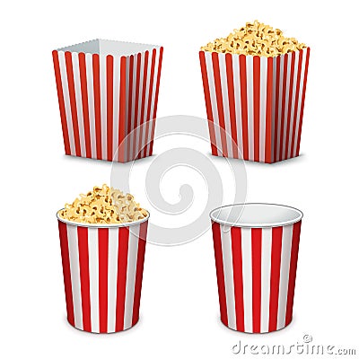 Popcorn bucket isolated. Full and empty pop corn box for cinema. Delicious salty snack food Stock Photo