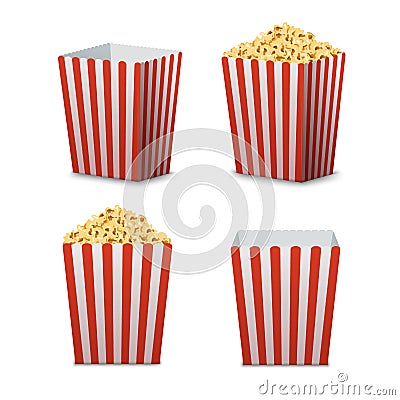Popcorn bucket isolated. Full and empty pop corn box for cinema. Delicious salty snack food Vector Illustration