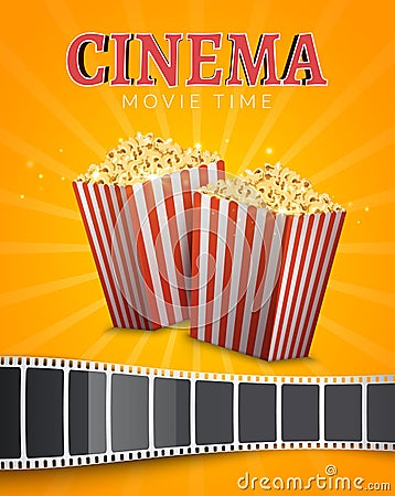 Popcorn bucket isolated. Pop corn box and film stripe for cinema. Delicious salty snack food Vector Illustration