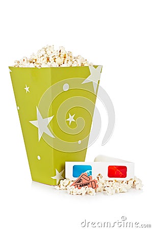 Popcorn bucket, two tickets and 3D glasses Stock Photo