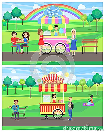 Popcorn and Candy Cotton Set Vector Illustration Vector Illustration