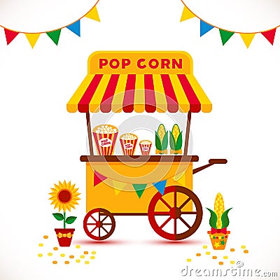 Popcorn cart carnival store and festival popcorn cart.cartoon. Candy corn container seller cart. Popcorn cart snack food Vector Illustration