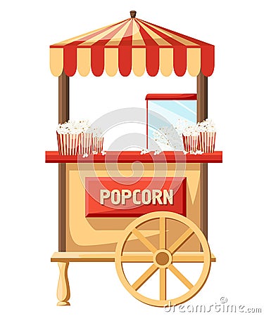 Popcorn cart carnival store and fun festival cart. Popcorn cartoon delicious tasty retro car. Candy corn container seller snack fo Cartoon Illustration