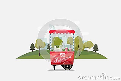 Popcorn cart, kiosk on wheels, retailers, sweets and confectionery products, and flat style on transparent Vector Illustration