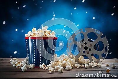 popcorn and a clap film reel on wooden table, christmas themed with snow in background Cartoon Illustration