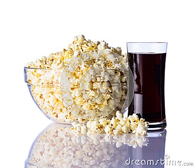 Popcorn and Cola on White Background Stock Photo
