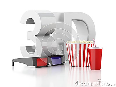 Popcorn, drink and 3d glasses. 3d illustration Stock Photo