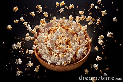 Popcorn exploding from a pan, with kernels flying in all directions, capturing the energy and surprise of popcorn popping. Stock Photo