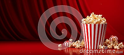 Popcorn filled striped box on red gradient background with empty space for design elements or copy Stock Photo