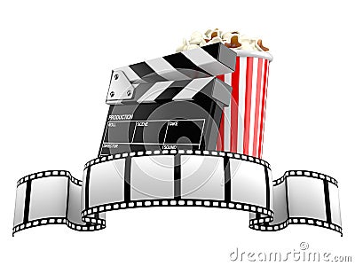 Popcorn and film slate with film strip Stock Photo