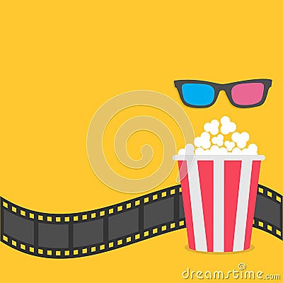 Popcorn. Film strip border. 3D glasses Red striped box. Cinema movie night icon in flat design style. Yellow background. Vector Illustration