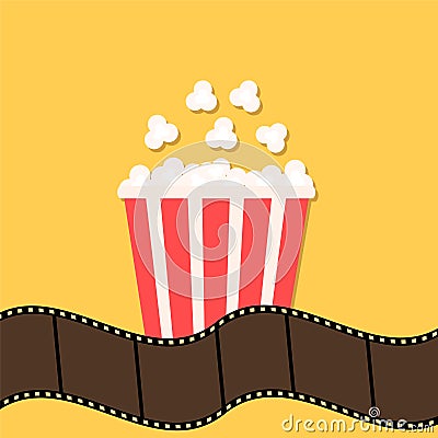Popcorn. Film strip border. Red yellow box. Cinema movie night i Vector Illustration