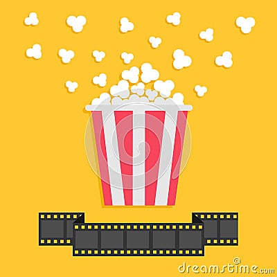 Popcorn. Film strip ribbon line. Red yellow box. Cinema movie night icon in flat design style. Vector Illustration