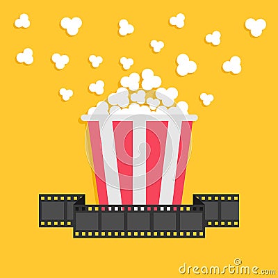 Popcorn. Film strip ribbon. Red yellow box. Cinema movie night icon in flat design style. Vector Illustration
