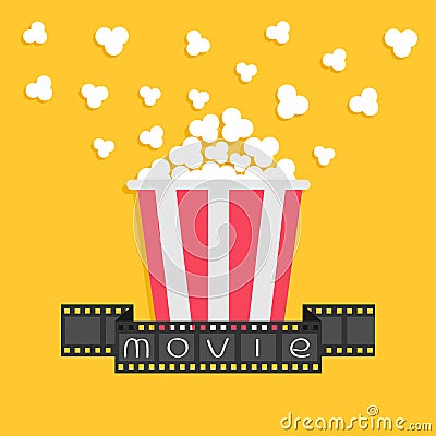 Popcorn. Film strip ribbon. Red yellow box. Cinema movie night icon in flat design style. Yellow background. Vector Illustration