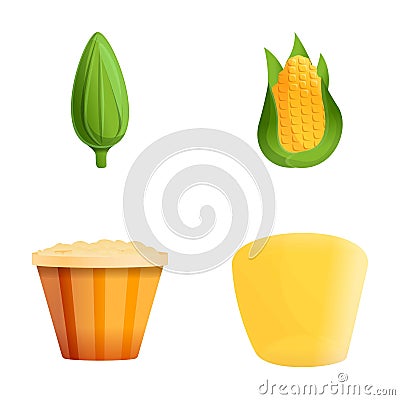 Popcorn icons set cartoon vector. Corn cob and popcorn basket Vector Illustration